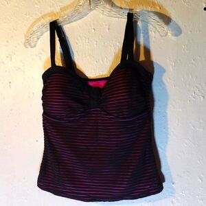 Purple with black, striped sheer overlay, tankini top.
